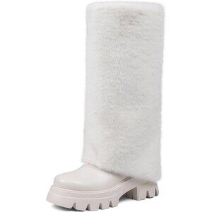 ⚡Women's White Knee High Heel Faux Fur Boots Round Toe Chunky Platform Fashion